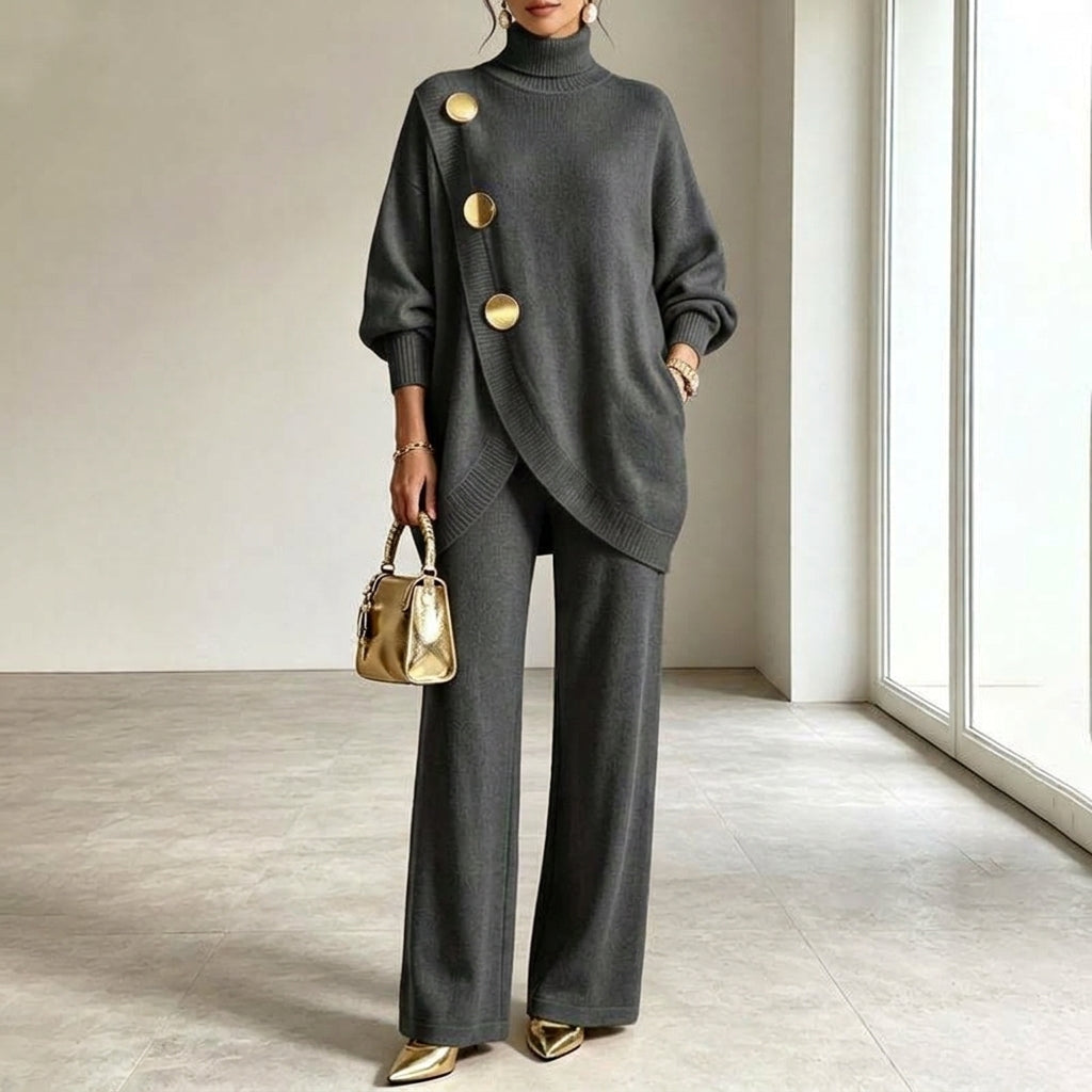 Natalie turtleneck knit set in dark grey, full-length front view