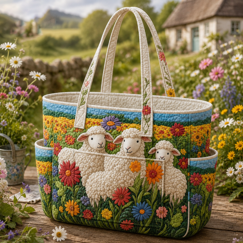 Solène | Floral Sheep Quilted Tote Bag
