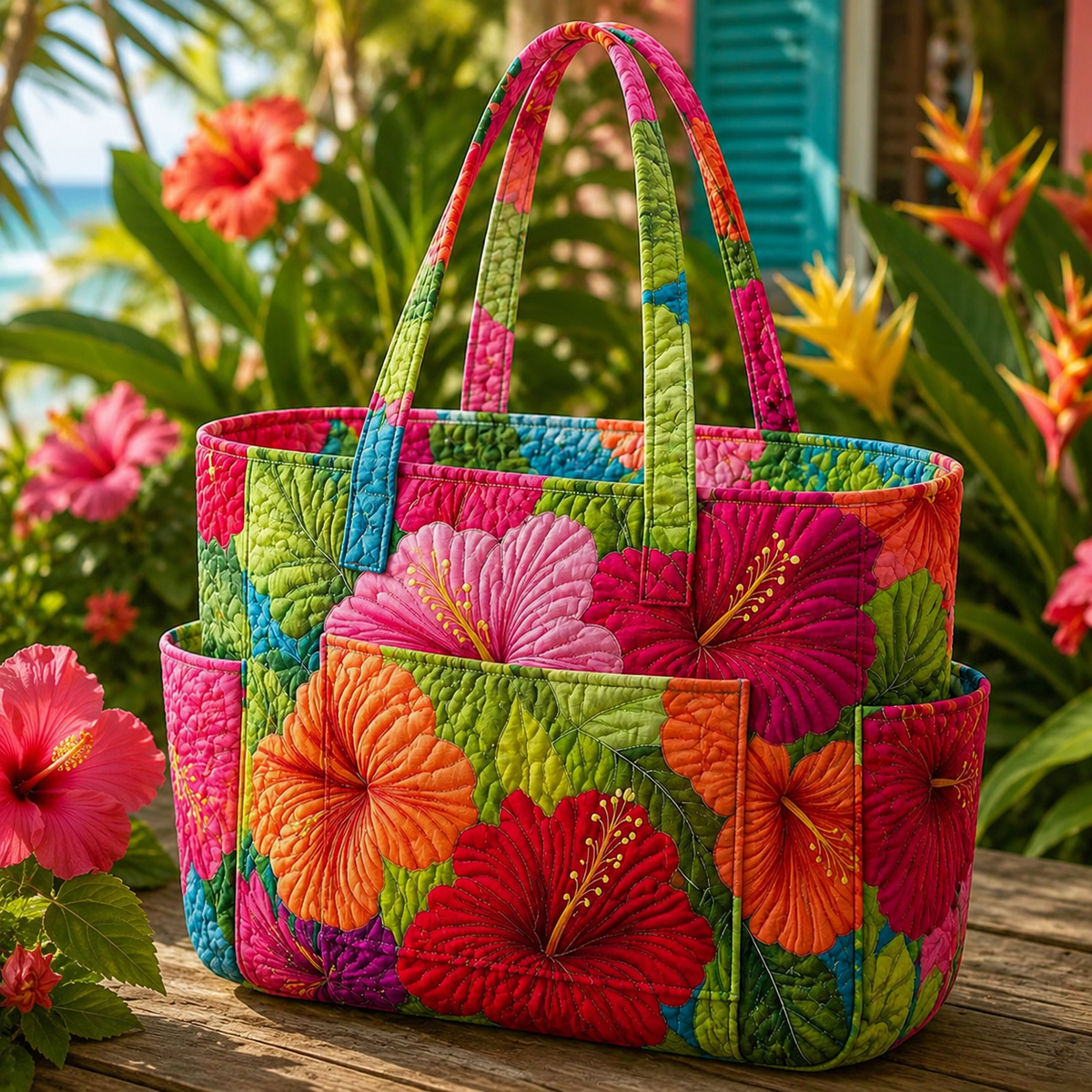 Catherine | Bright Hibiscus Quilted Tote Bag