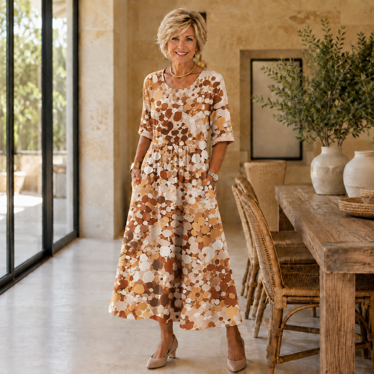 Truda confetti dot midi dress in brown, front view