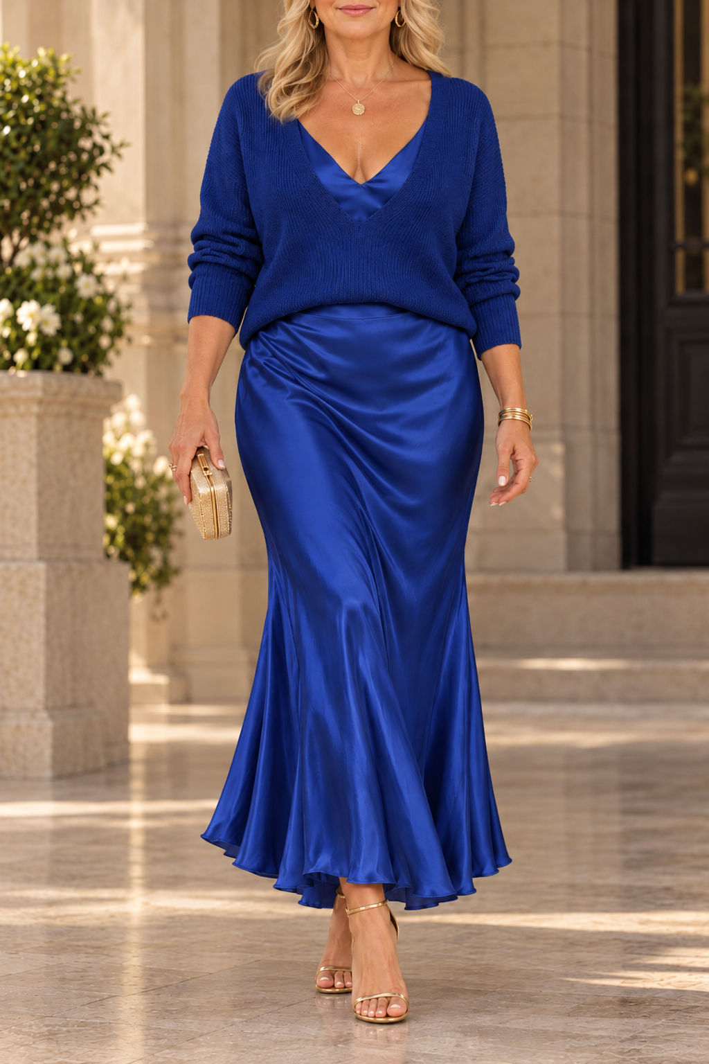 Jessa jumper and satin maxi dress set in blue, full-length view