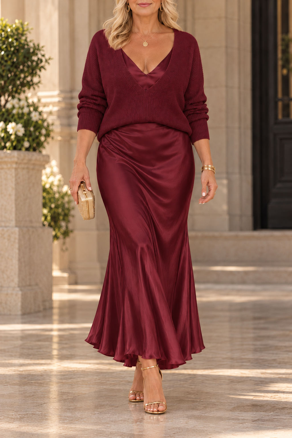Jessa jumper and satin maxi dress set in burgundy, full-length view