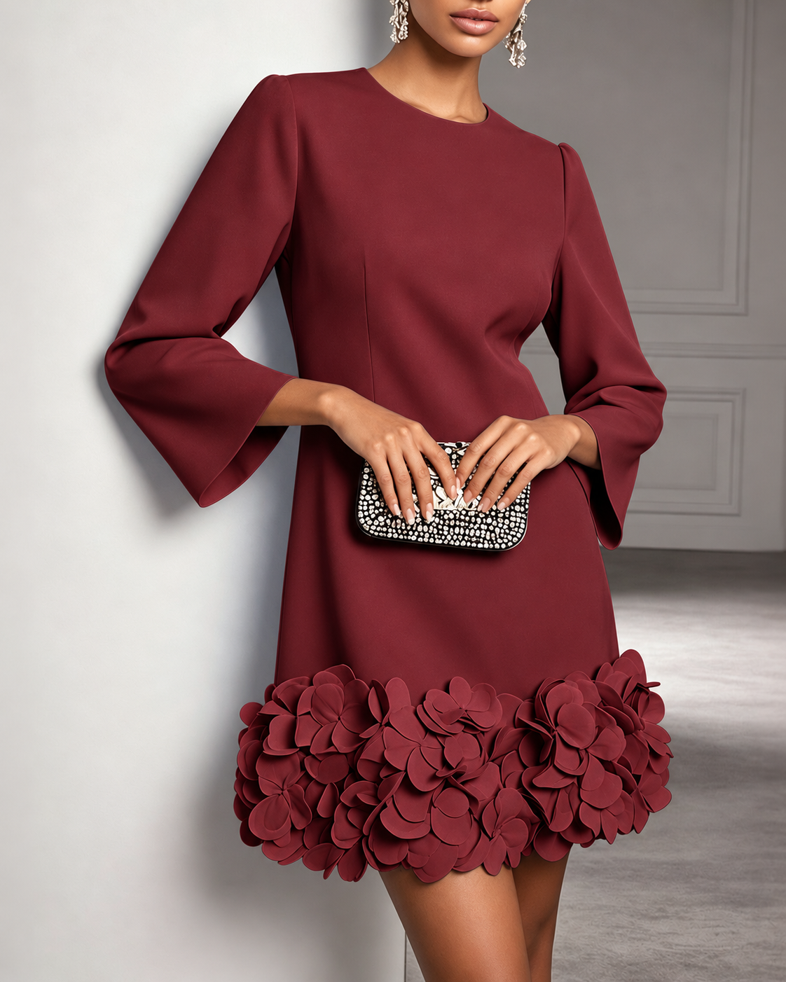 Elva floral hem mini dress in burgundy, front view