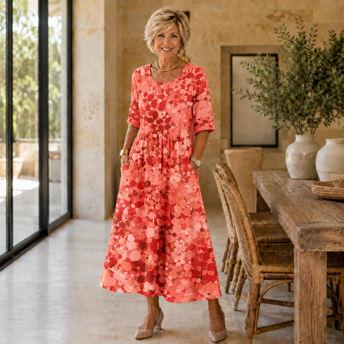 Truda confetti dot midi dress in orange, front view
