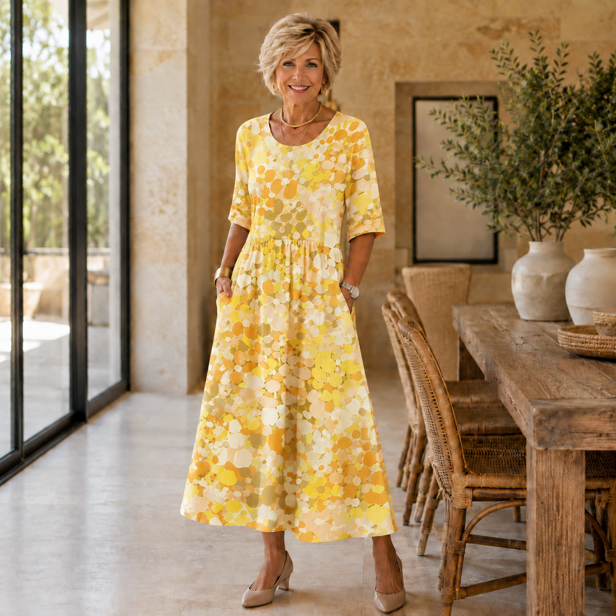 Truda confetti dot midi dress in yellow, front view