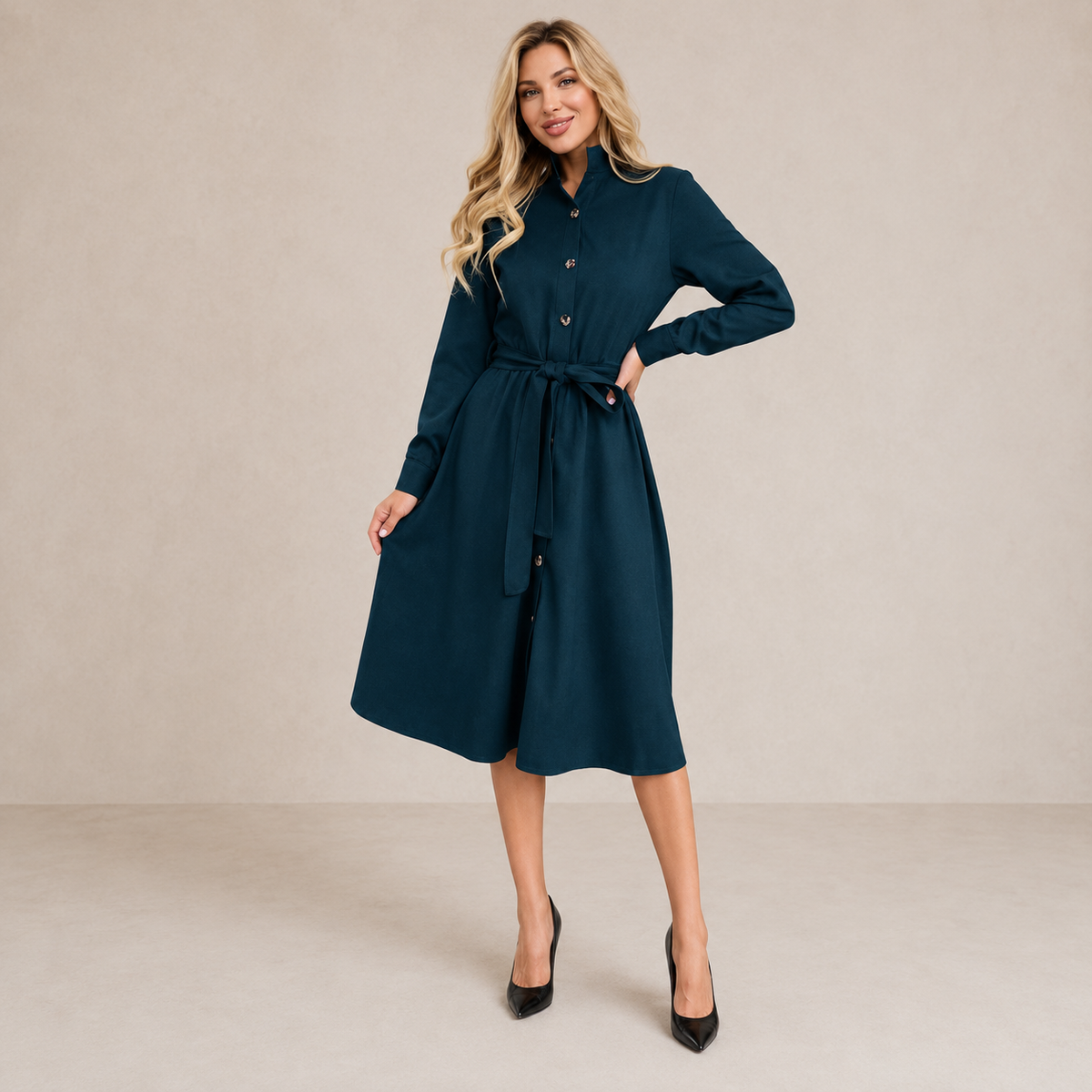 LIORA™ | Belted Button Midi Dress