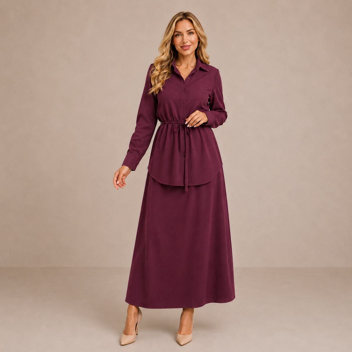 Cornelia long skirt co-ord set in burgundy, full-length front view