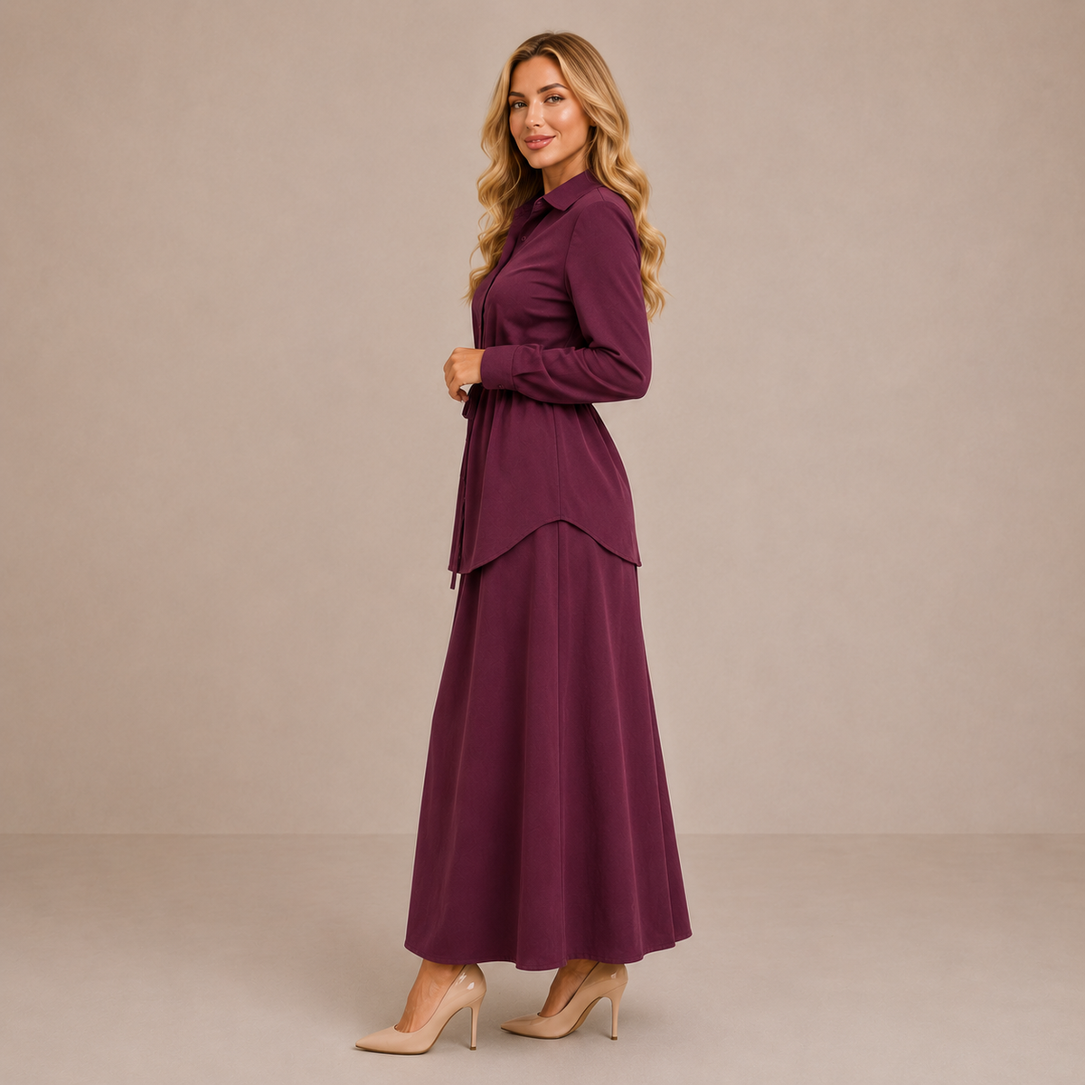 Cornelia long skirt co-ord set in burgundy, full-length side view