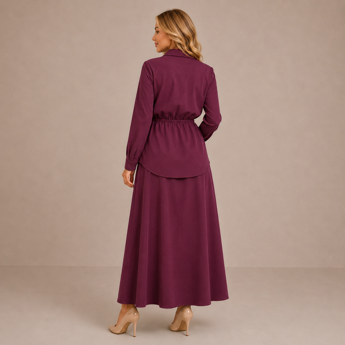 Cornelia long skirt co-ord set in burgundy, full-length back view