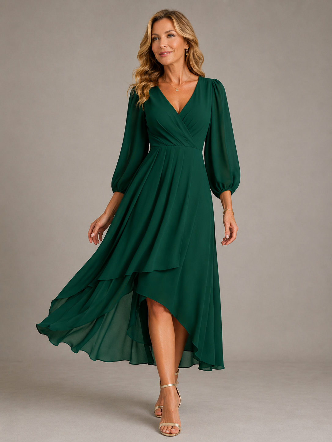 Mia wrap high-low dress in dark green, full-length front view