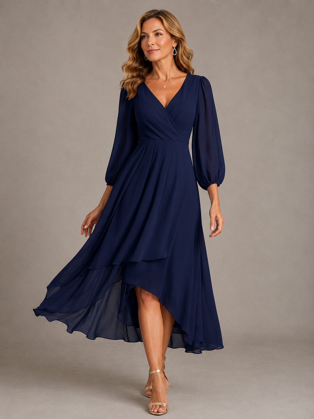 Mia wrap high-low dress in navy blue, full-length front view