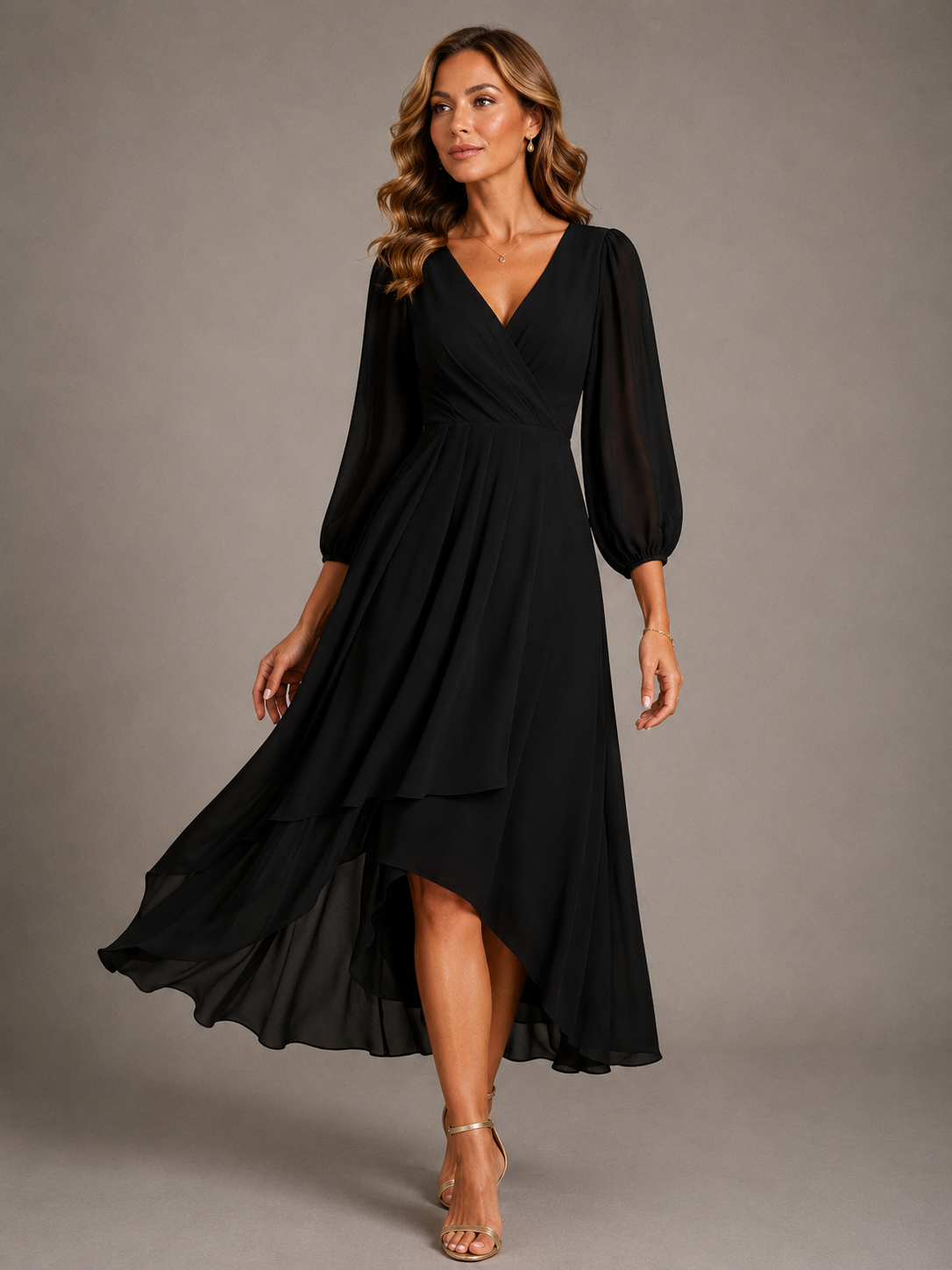 Mia wrap high-low dress in black, full-length front view