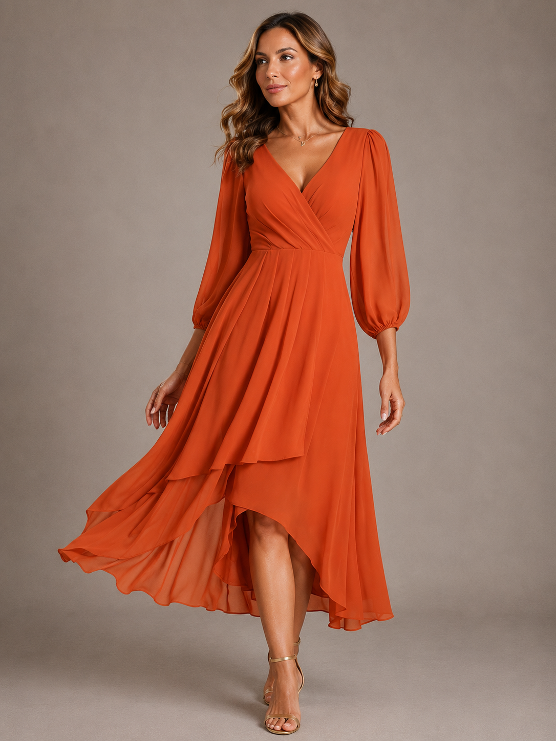 Mia wrap high-low dress in orange, full-length front view