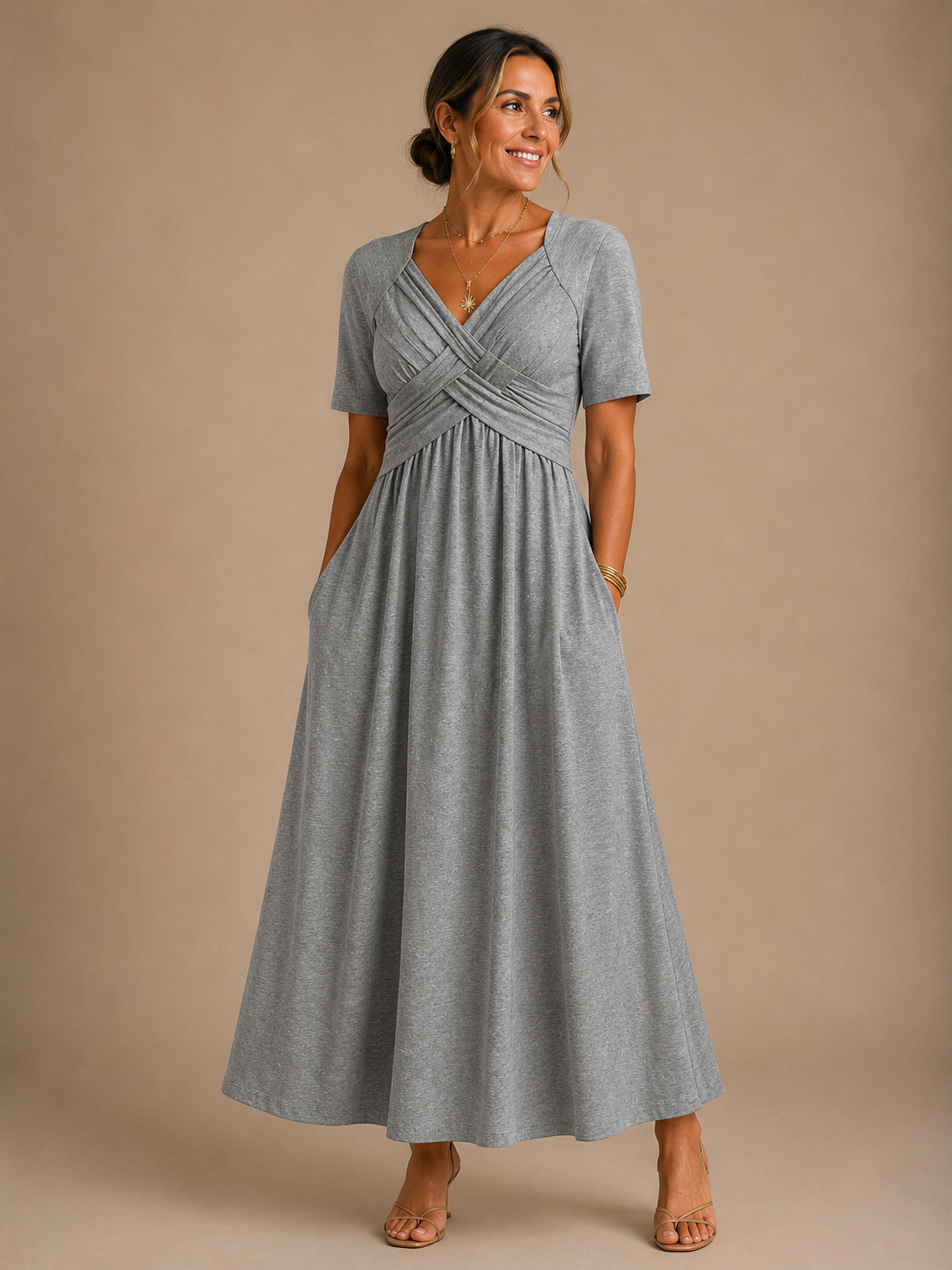 Angela crossover V-neck dress in grey, full-length front view