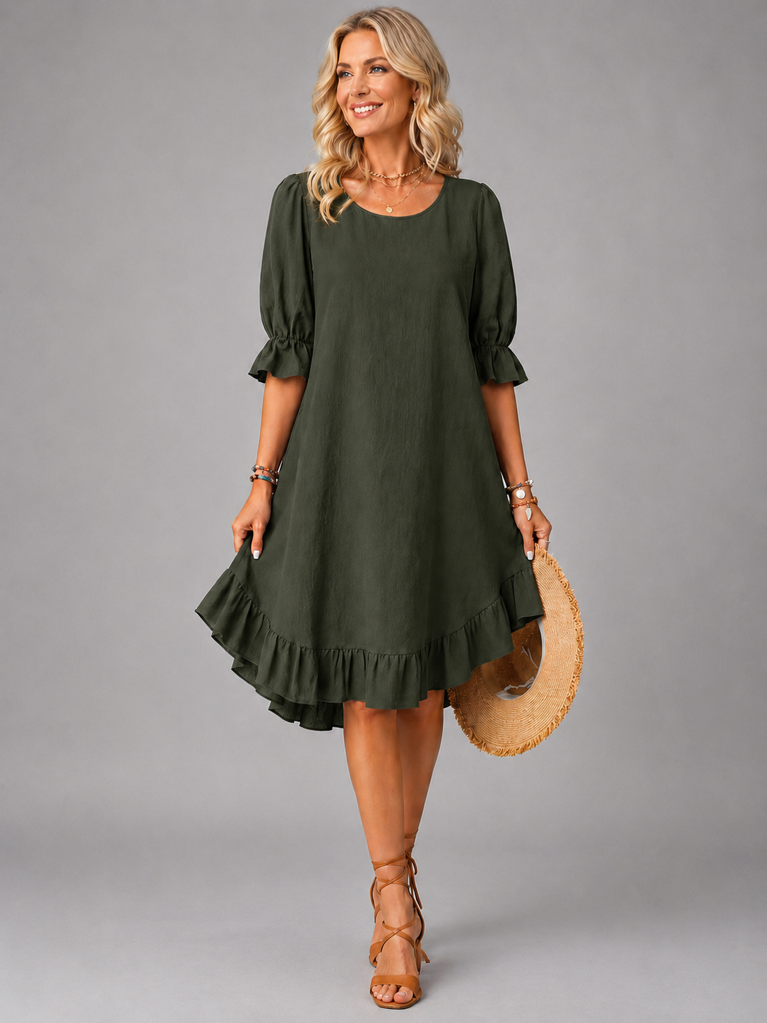 Gwen ruffle-hem swing dress in olive green, full-length front view