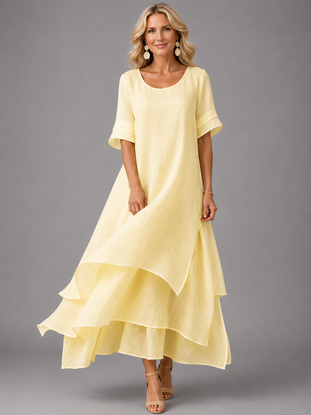 Bryony layered maxi dress in yellow, full-length front view