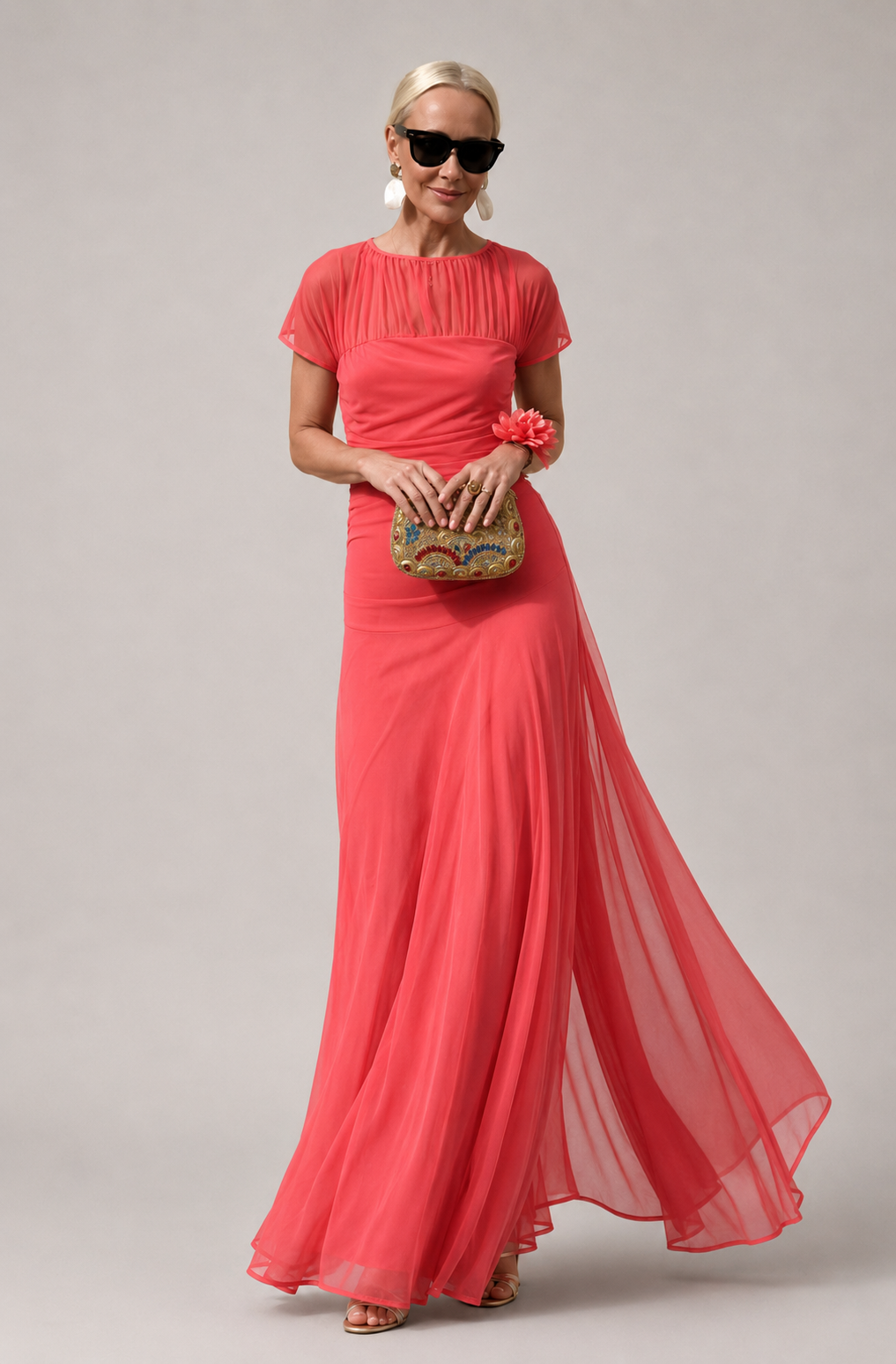 Lauren chiffon maxi dress in red, full-length front view with skirt in motion