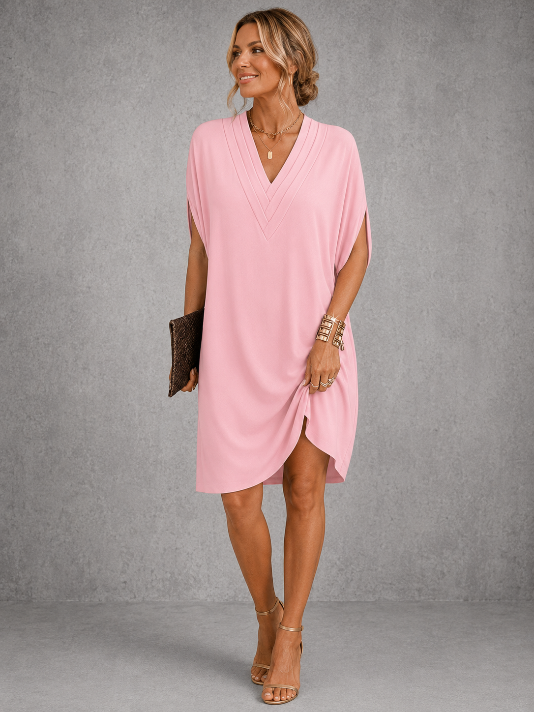 Seren pleated V-neck shift dress in pink, full-length front view