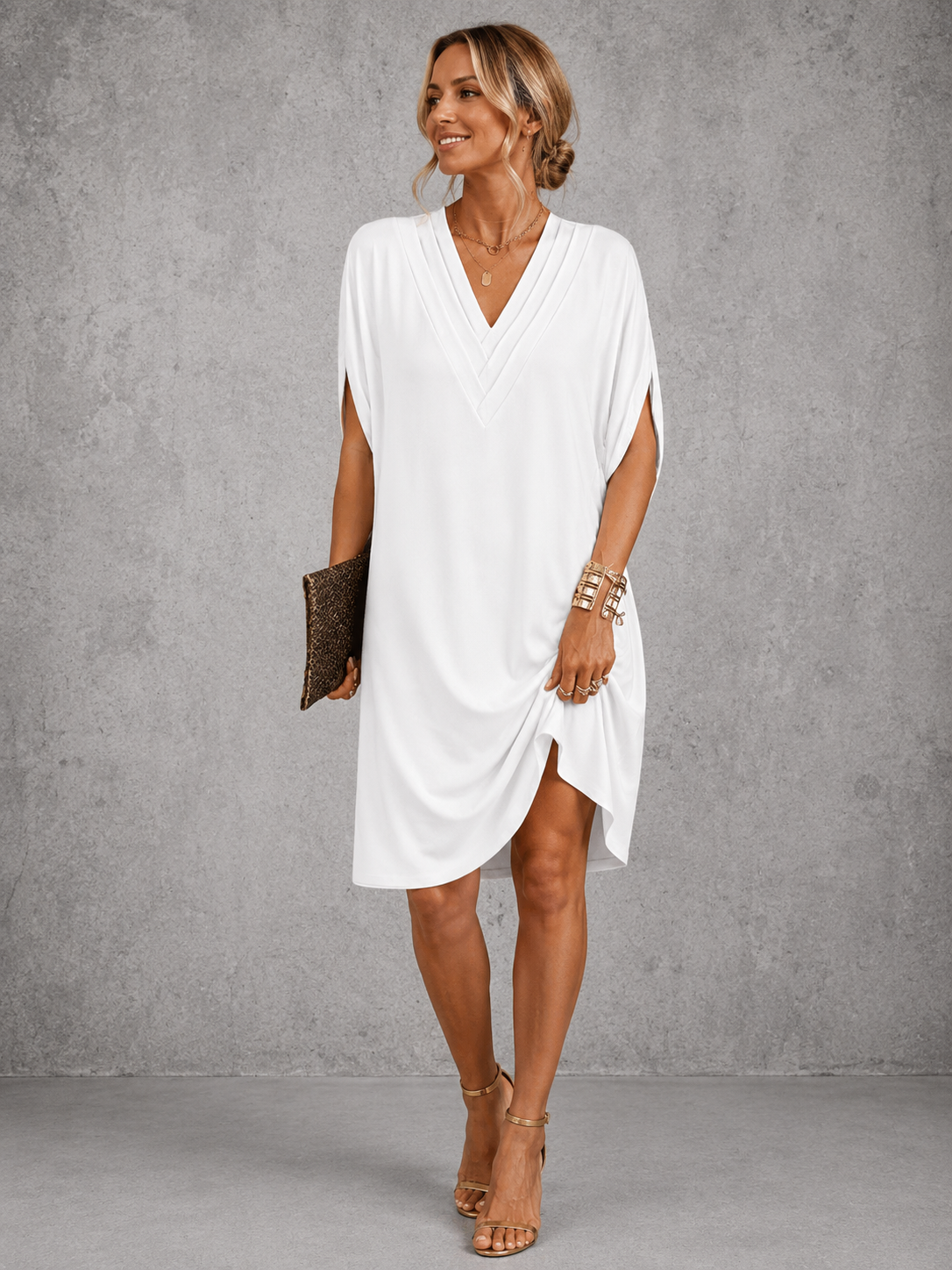 Seren pleated V-neck shift dress in white, full-length front view