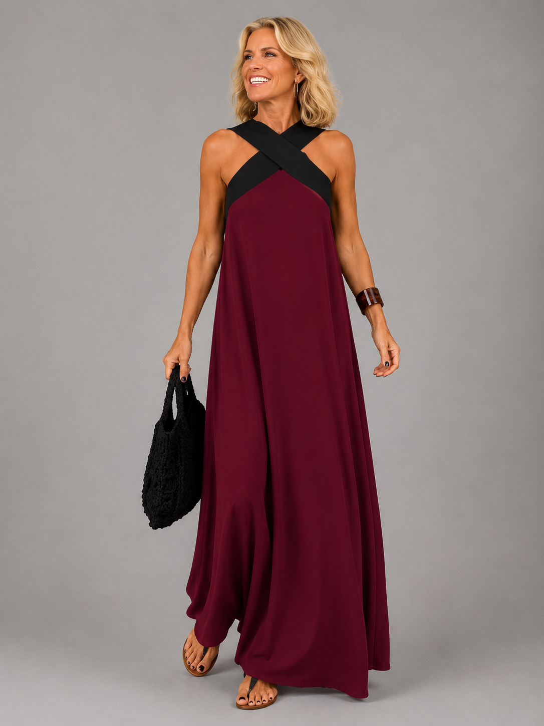 Edie halter maxi dress in burgundy, full-length front view