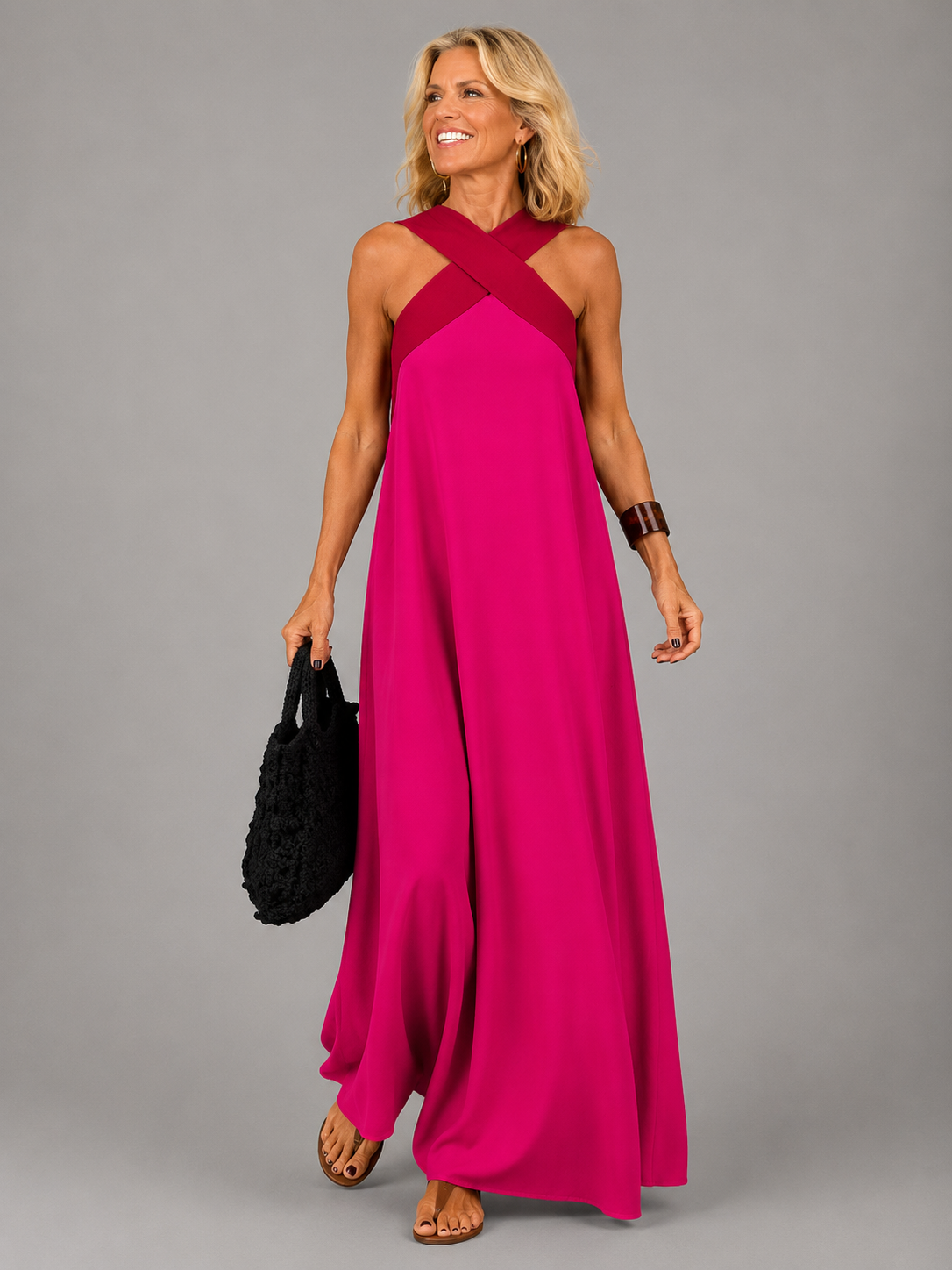 Edie | Crossover Halter Contrast Maxi Dress