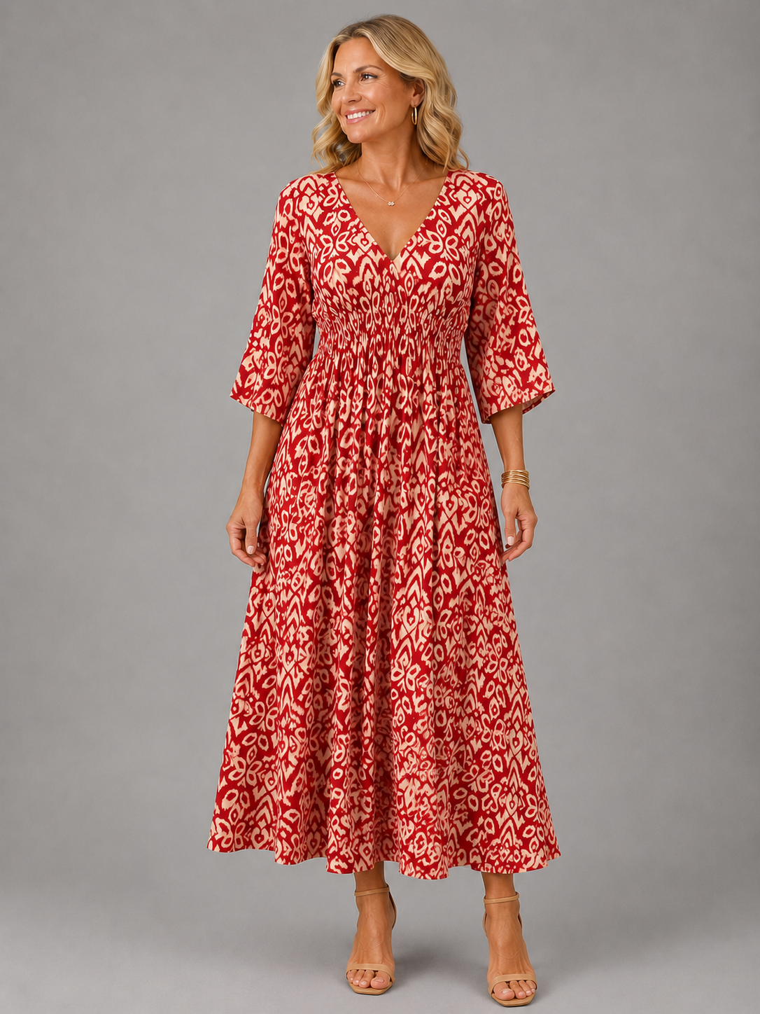 Althea smocked ikat-print midi dress in red, full-length front view