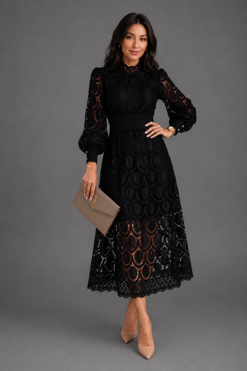 Philomel lace midi dress in black, front view
