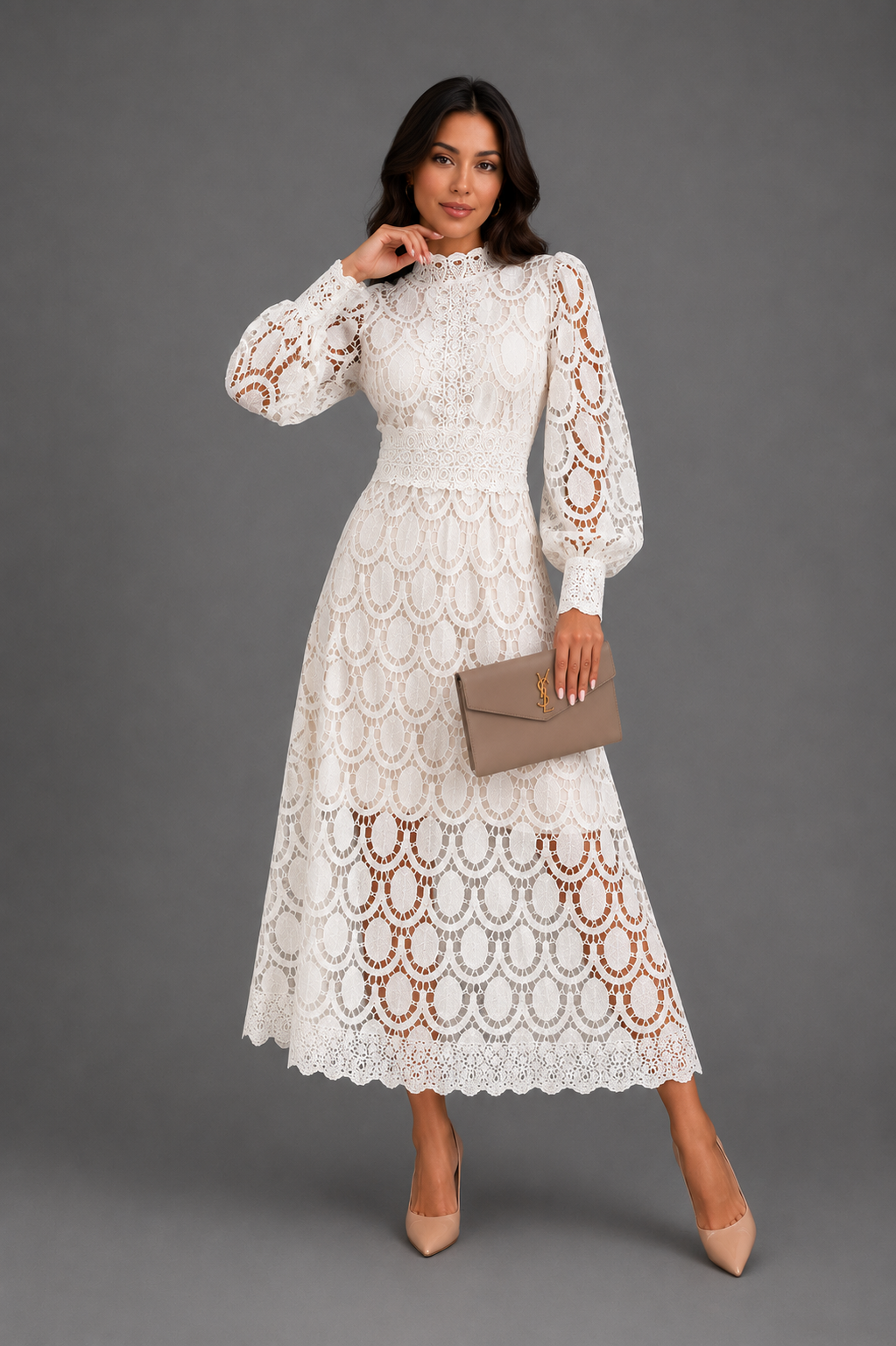 Philomel lace midi dress in white, front view