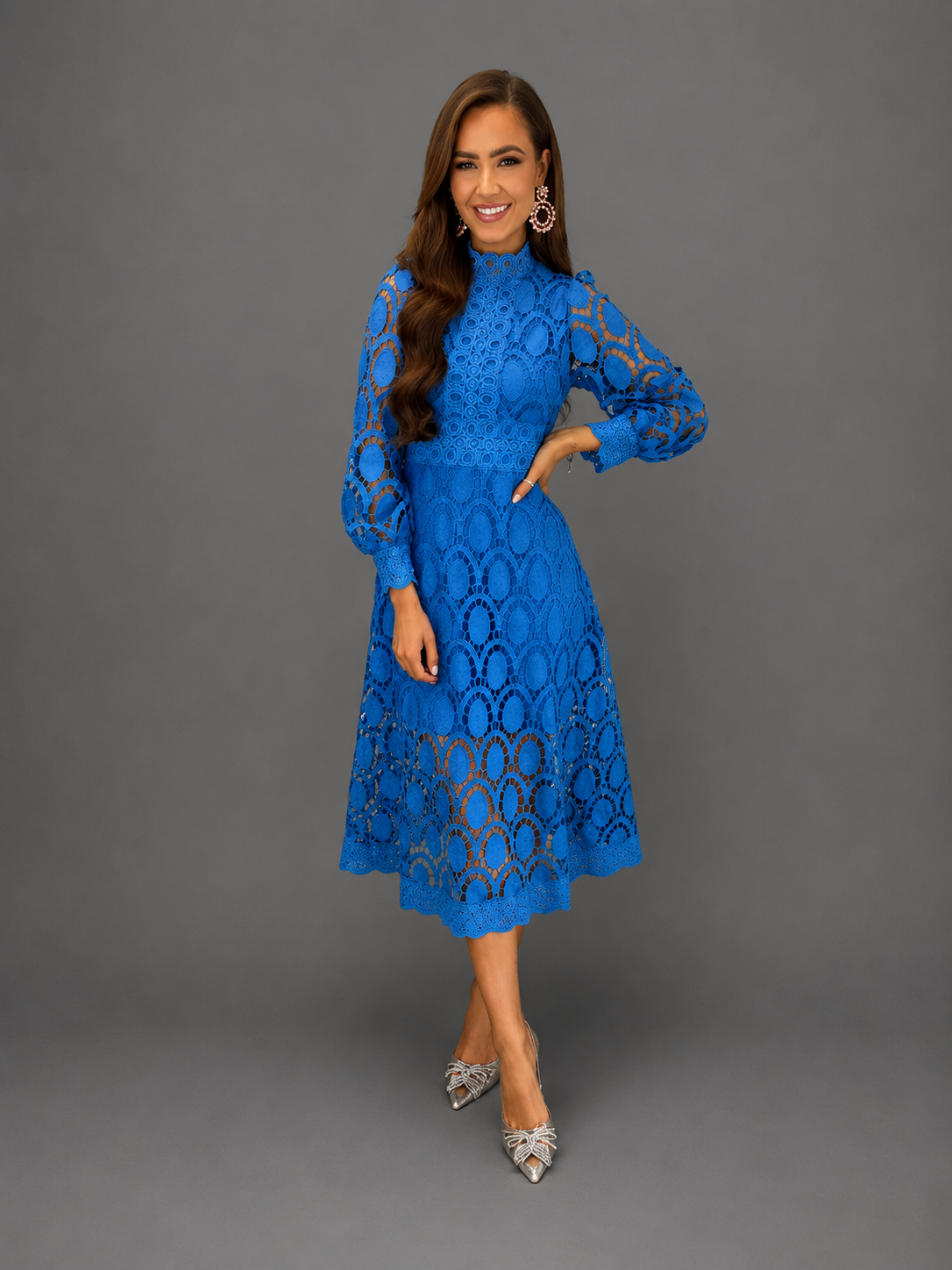 Philomel lace midi dress in blue, front view