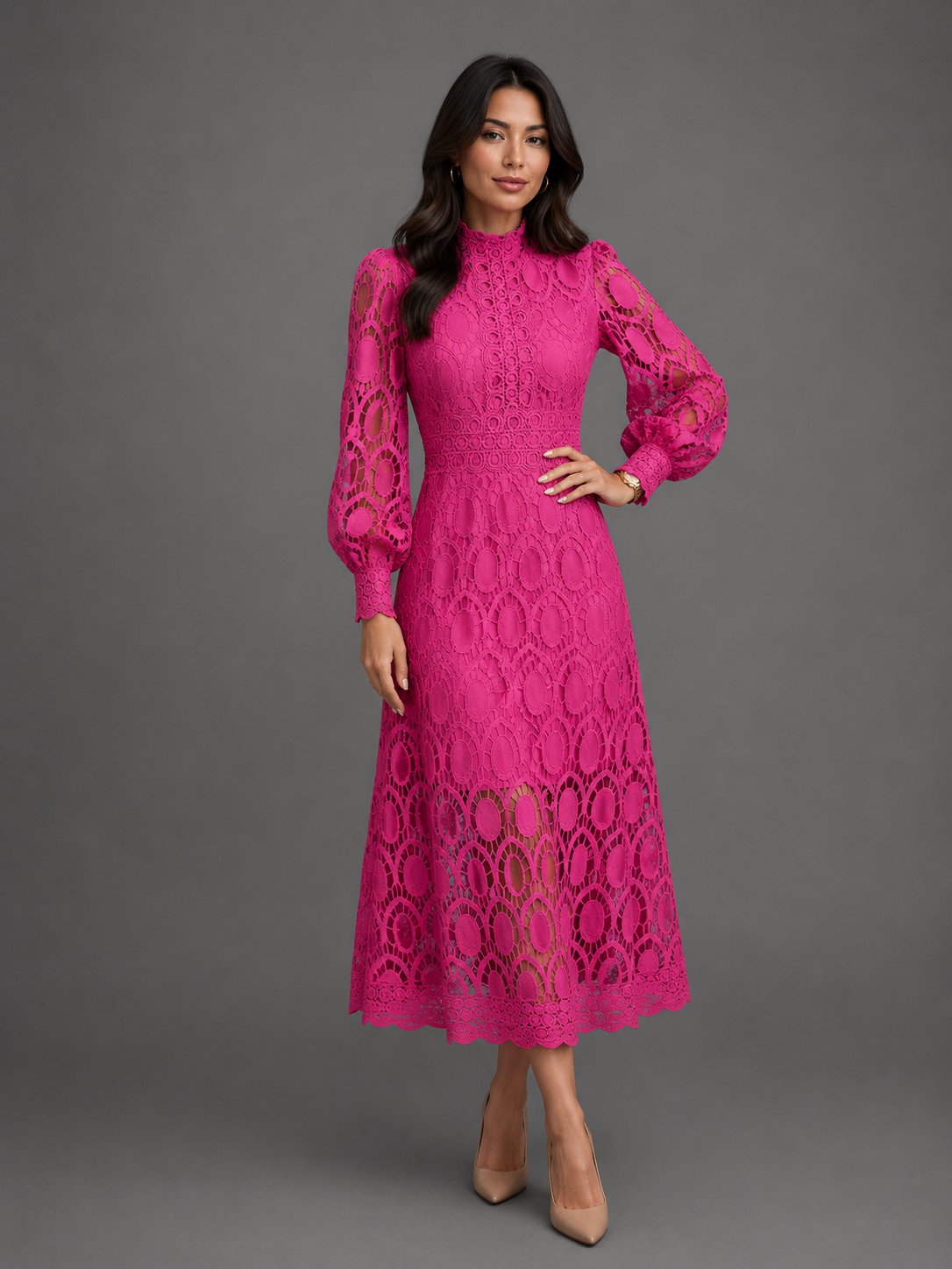Philomel lace midi dress in fuchsia pink, front view