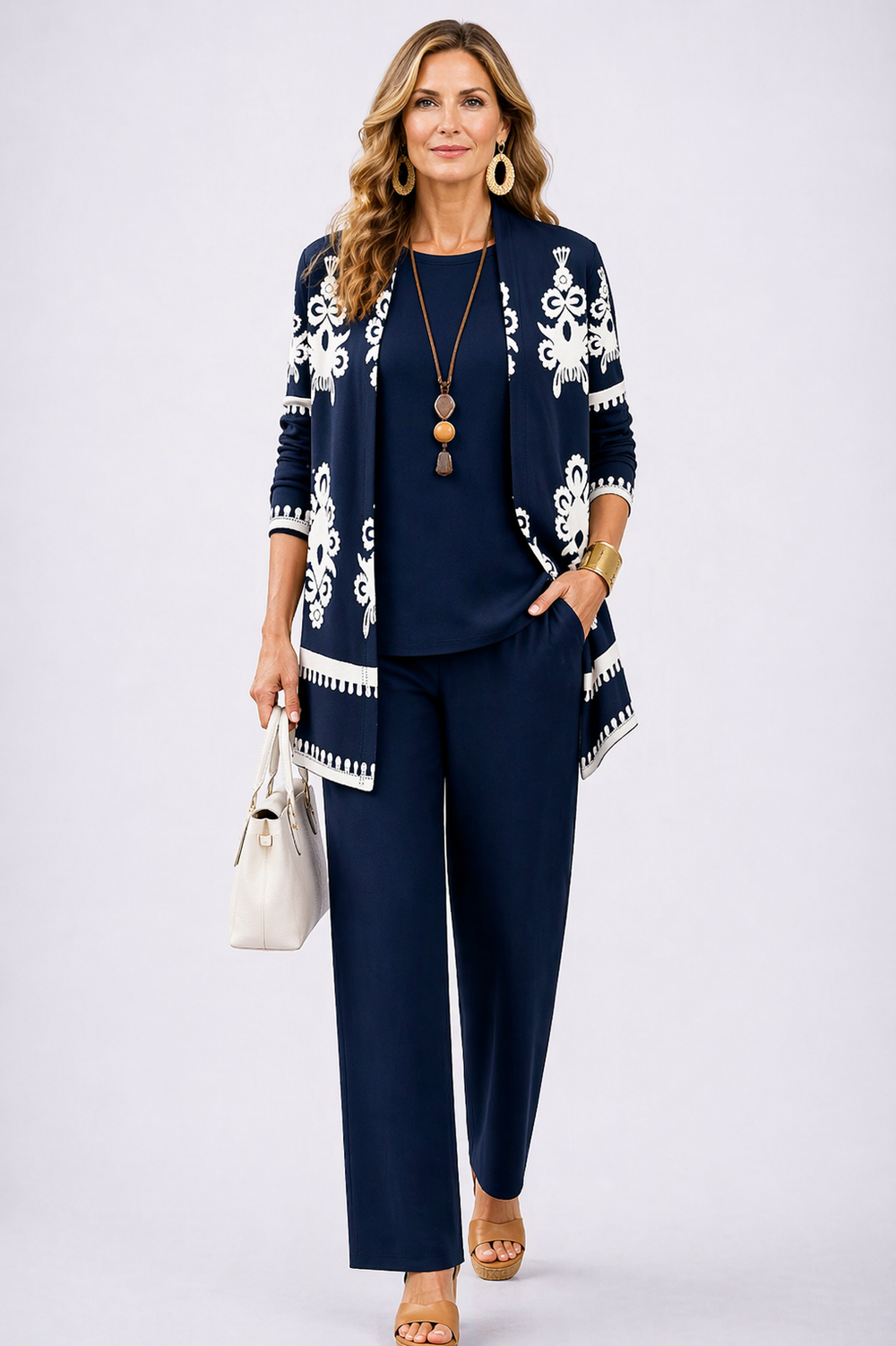 Eluned patterned three-piece set in navy, full-length front view