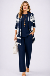 ELUNED | PATTERNED CARDIGAN, TOP AND WIDE-LEG TROUSER SET