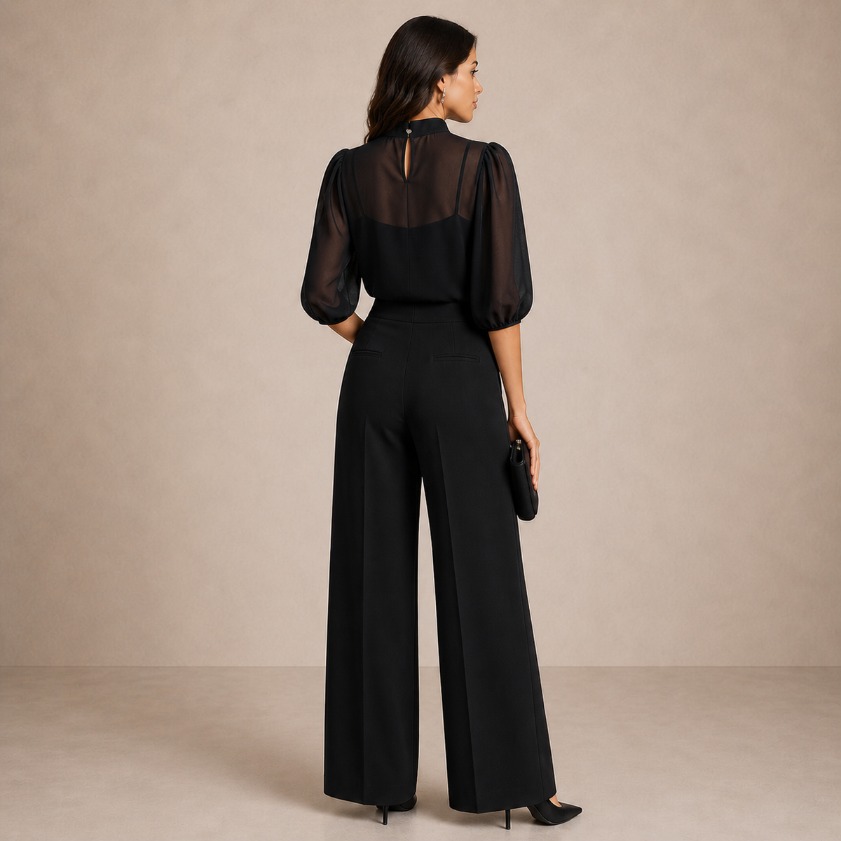 Lenora three-piece set in black, full-length back view with keyhole neck