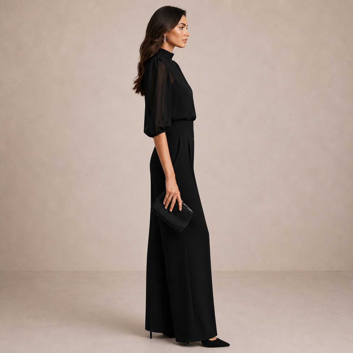 Lenora three-piece set in black, side view of wide-leg trousers