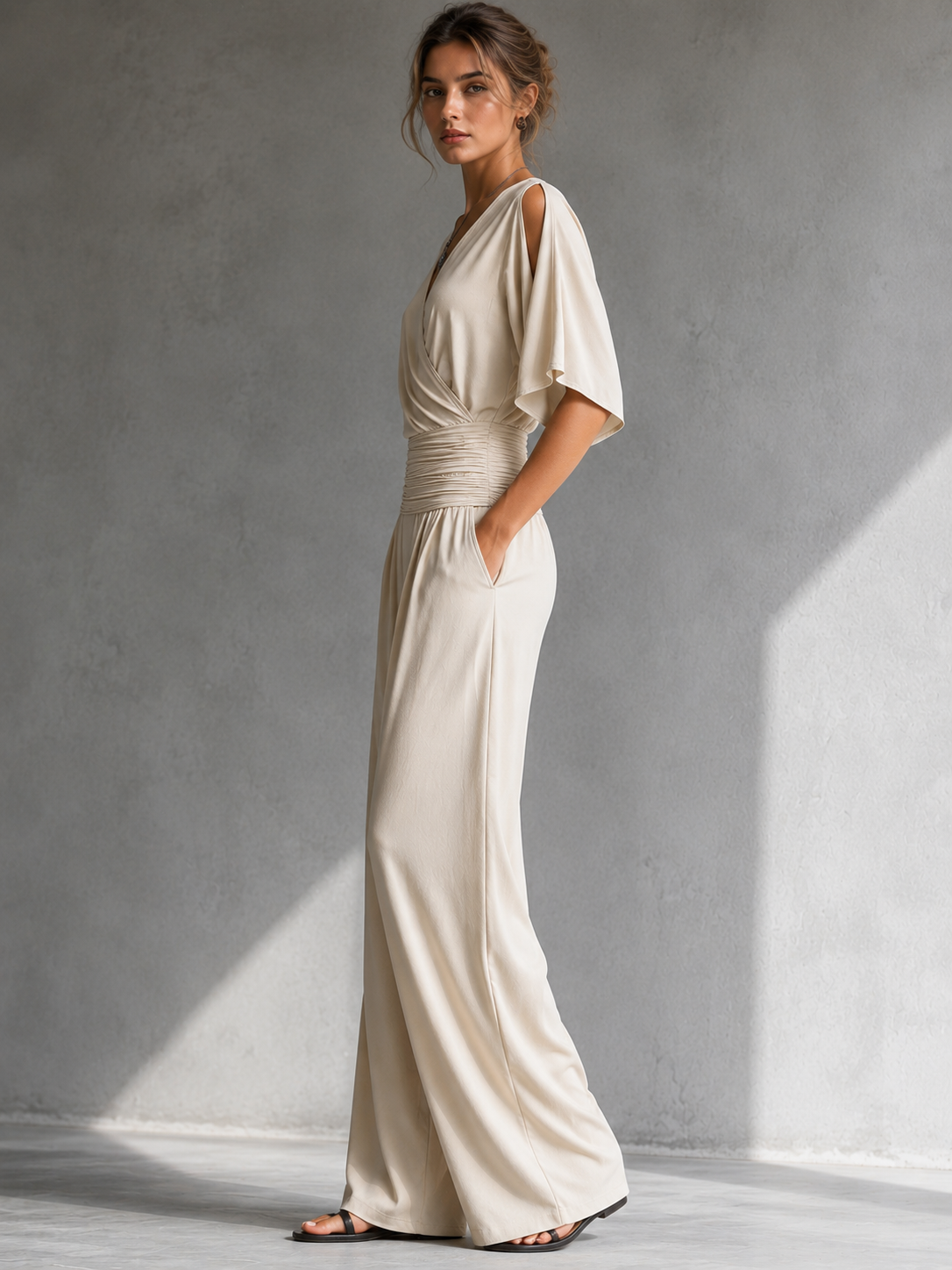 Georgie wrap wide-leg jumpsuit in beige, full-length side view