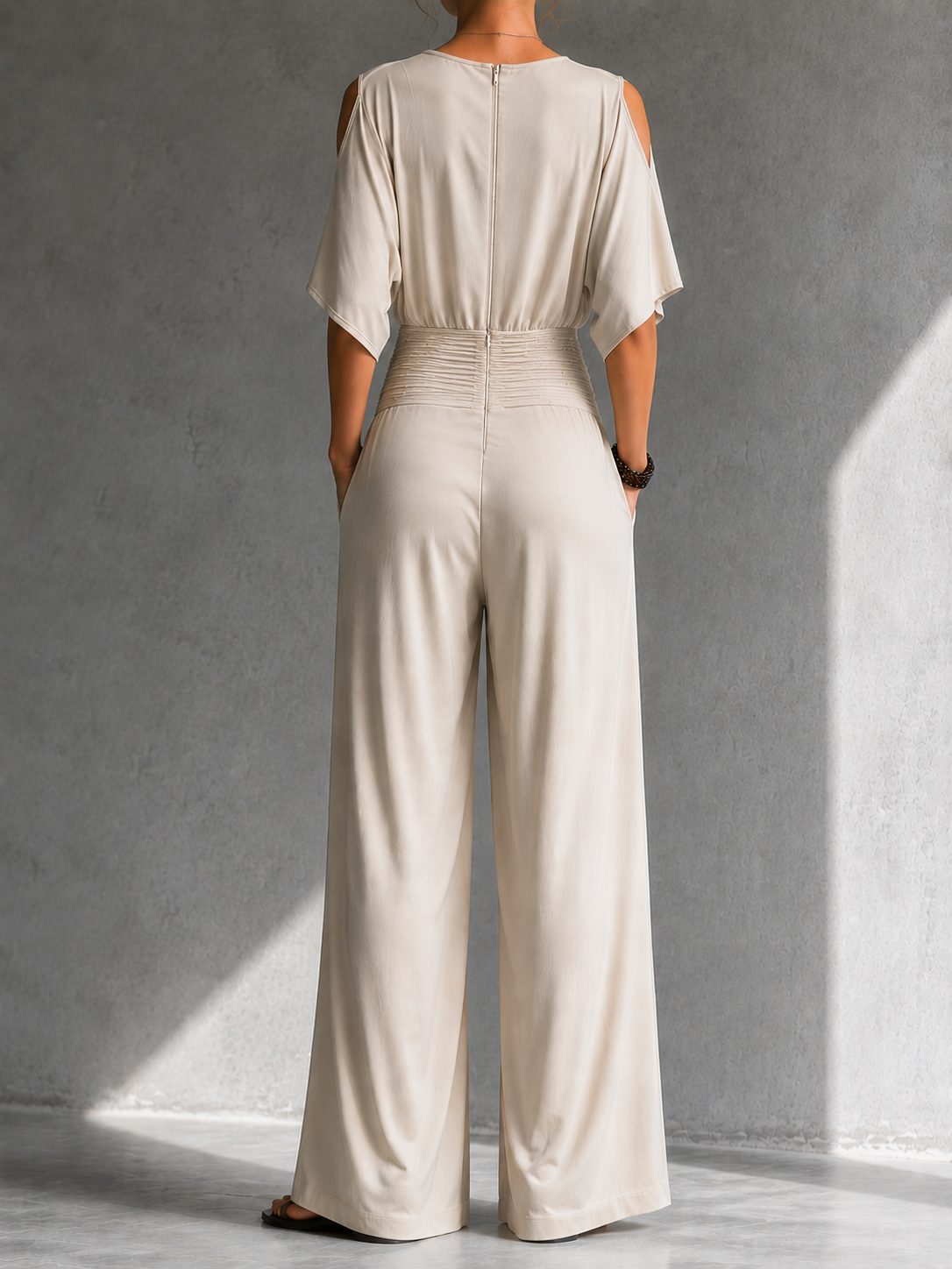 Georgie wrap wide-leg jumpsuit in beige, full-length back view