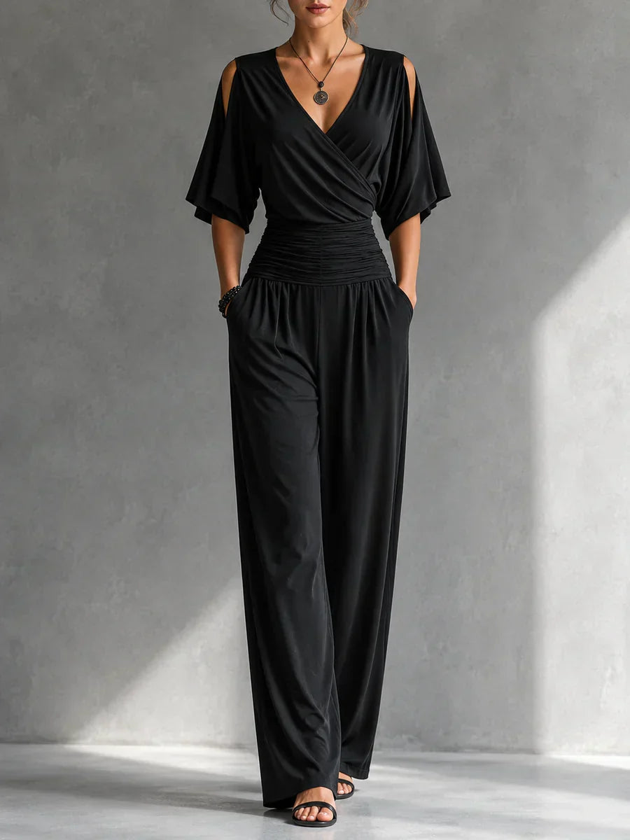 Georgie wrap wide-leg jumpsuit in black, full-length front view
