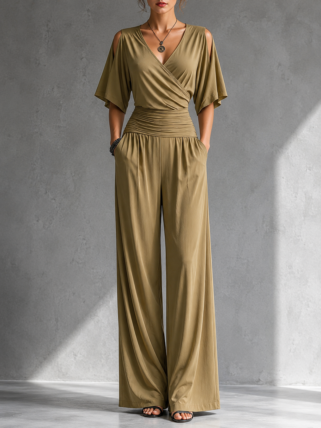Georgie wrap wide-leg jumpsuit in khaki, full-length front view