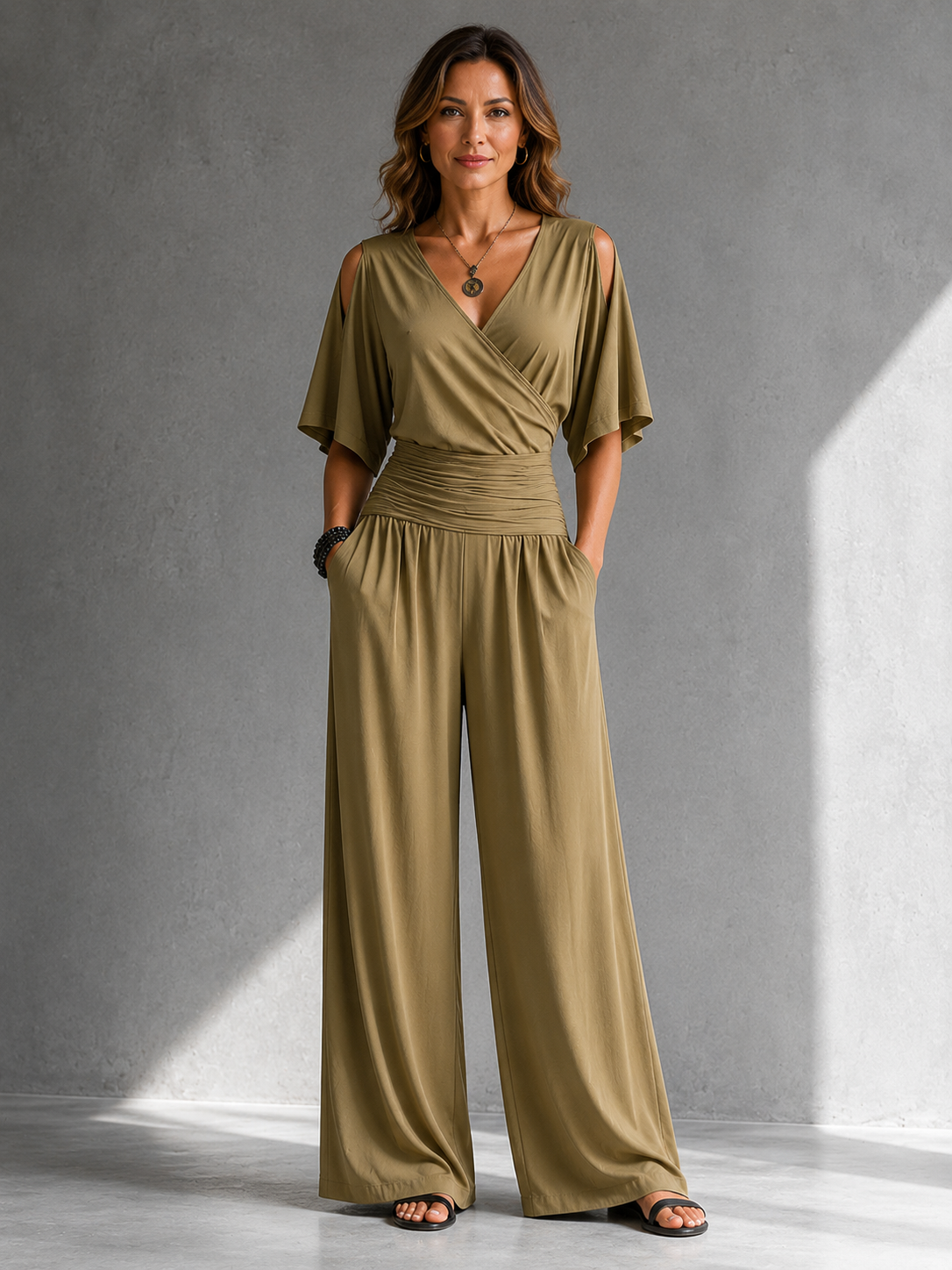 Constantia wrap jumpsuit in khaki, front view
