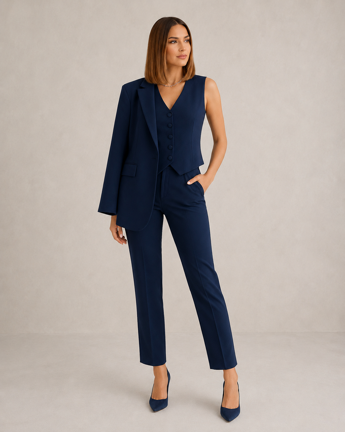 Henrietta elegant three-piece suit in navy, full-length front view with blazer over the shoulder