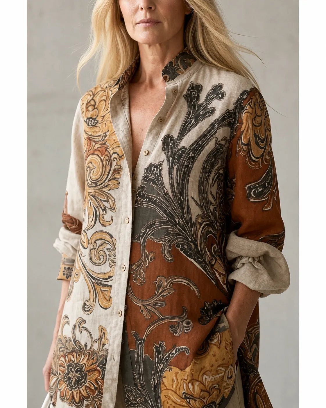 Rosie printed tunic harem set, close-up of earthy print and button front