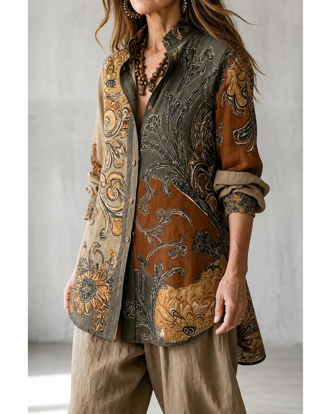 Rosie printed tunic harem set with beige trousers, three-quarter view of tunic