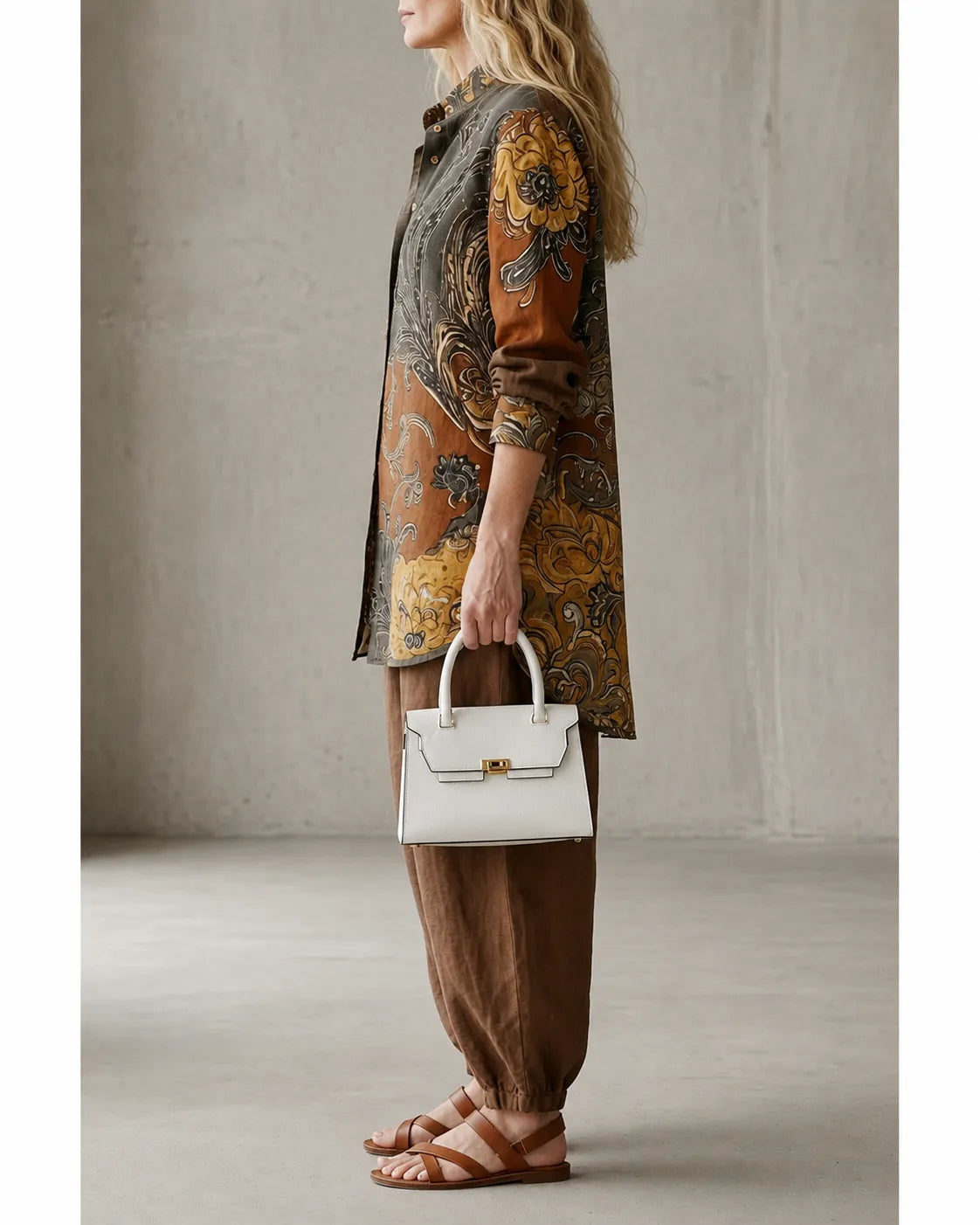 Rosie printed tunic harem set with brown trousers, full-length side view