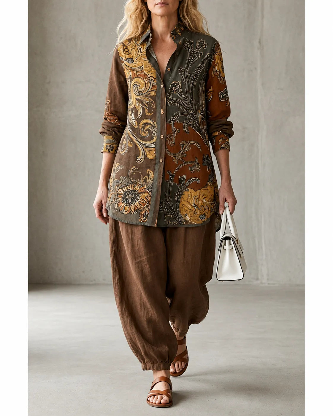 Rosie printed tunic harem set with brown trousers, full-length front view
