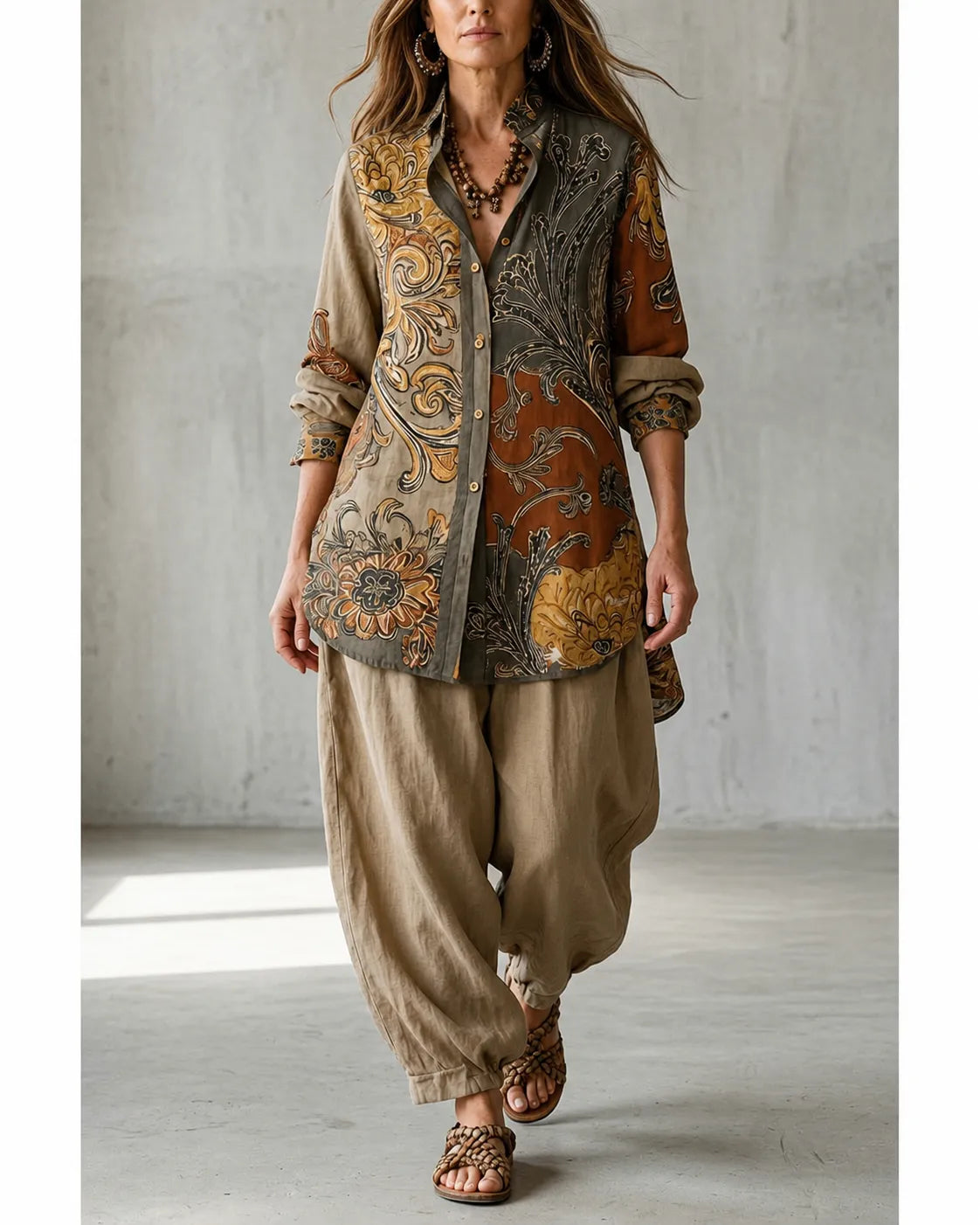 Rosie printed tunic harem set with beige trousers, full-length front view