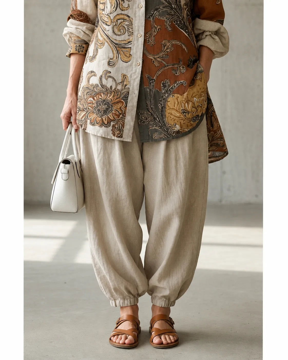 Rosie printed tunic harem set with white trousers, close-up of gathered ankles