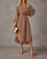 Selina | Belted Striped Midi Shirt Dress