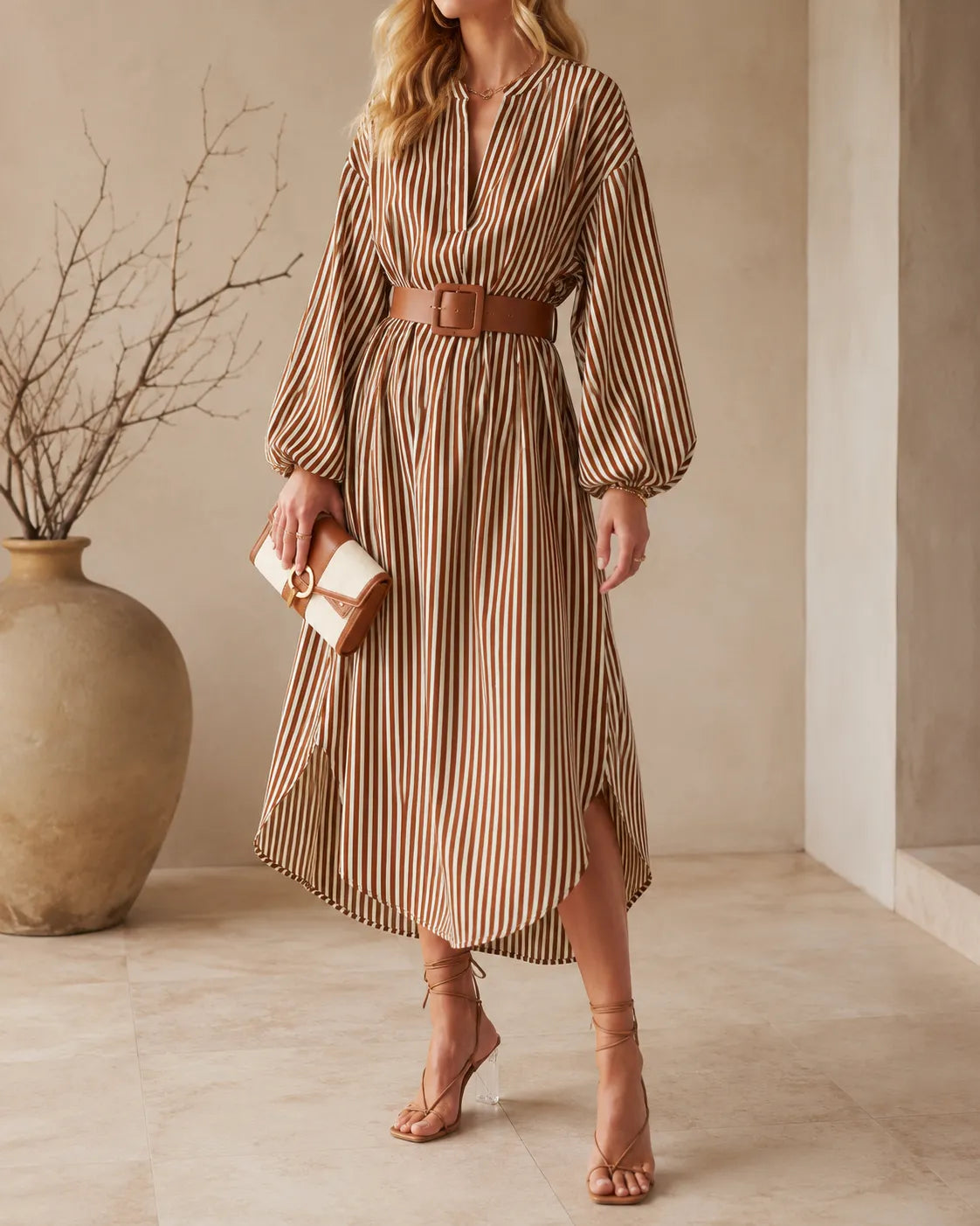Selina belted striped midi dress in sand stripes, full-length view with curved hem