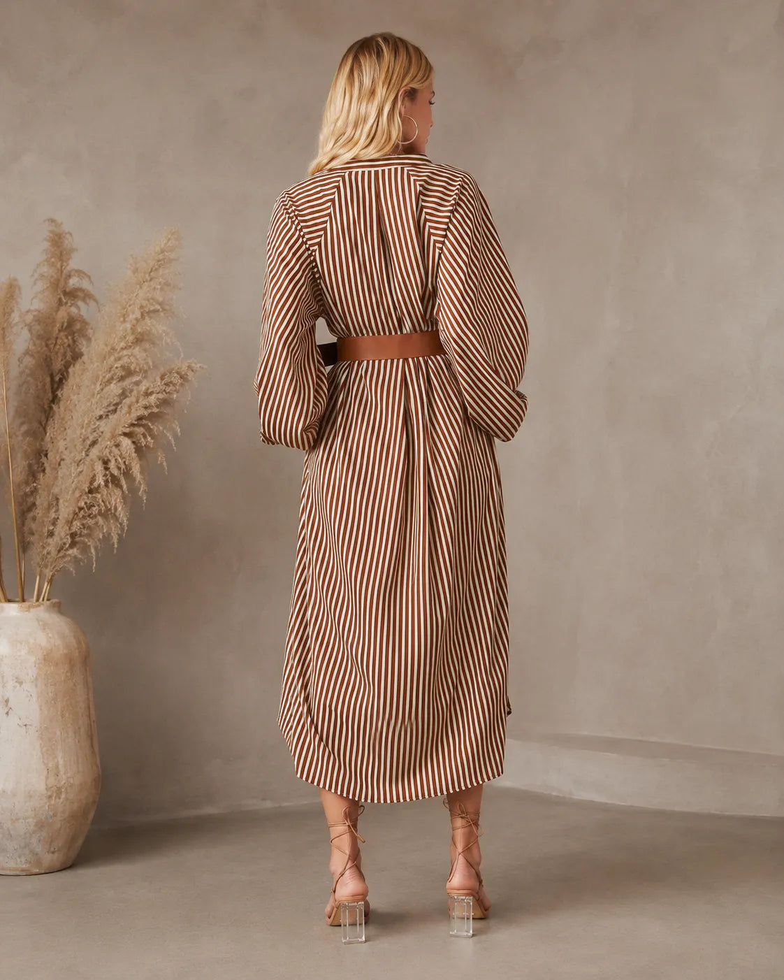 Selina belted striped midi dress in sand stripes, full-length back view