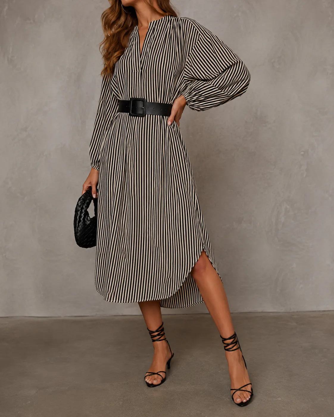 Selina belted striped midi dress in black stripes, full-length front view